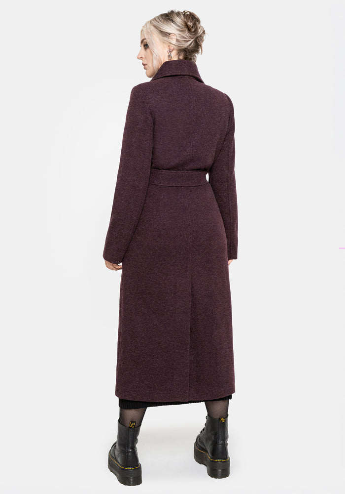 Abyss Tie Waist Double Breasted Coat With Snake Brooch - Plum