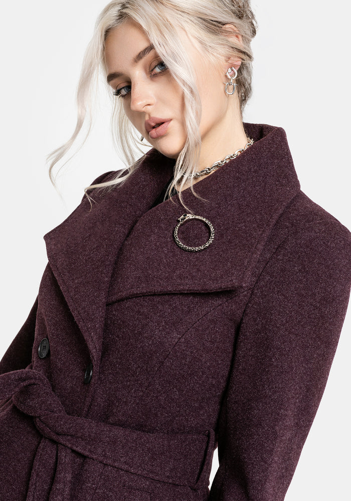 Abyss Tie Waist Double Breasted Coat With Snake Brooch - Plum