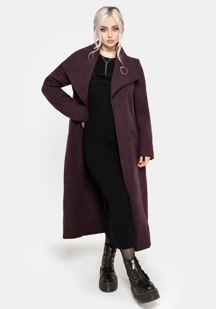 Abyss Tie Waist Double Breasted Coat With Snake Brooch - Plum