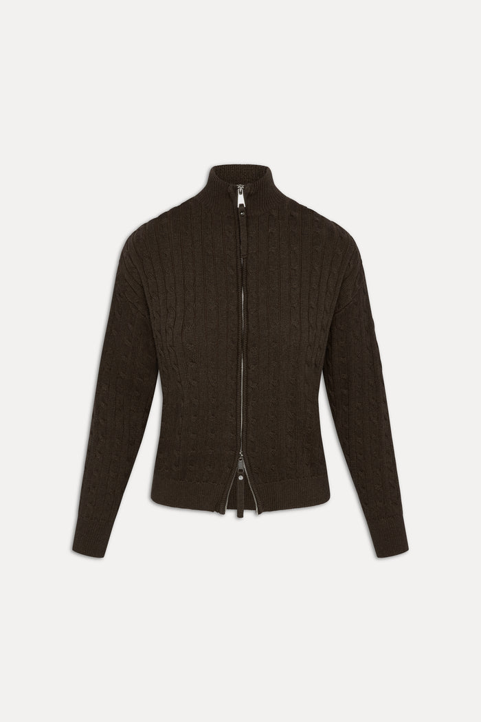 Bea Cable Knit Zip Up Sweater - Chocolate Brown