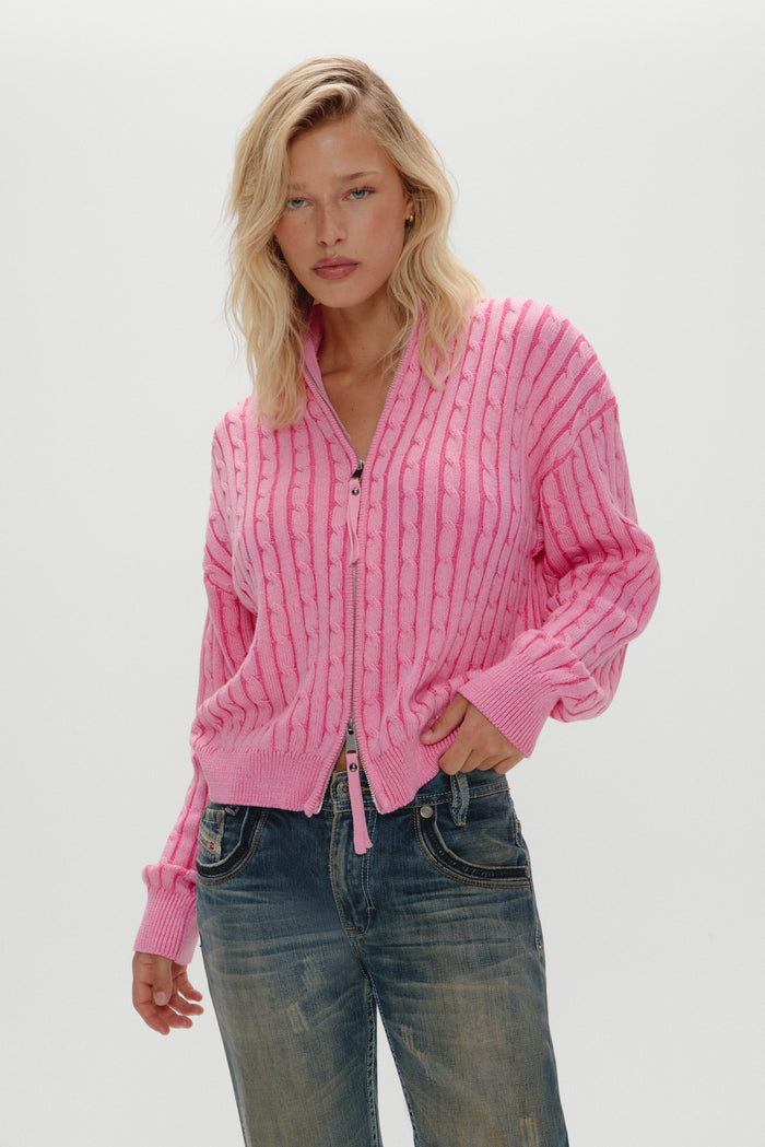 Bea Cable Knit Zip Up Sweater - Sweetheart