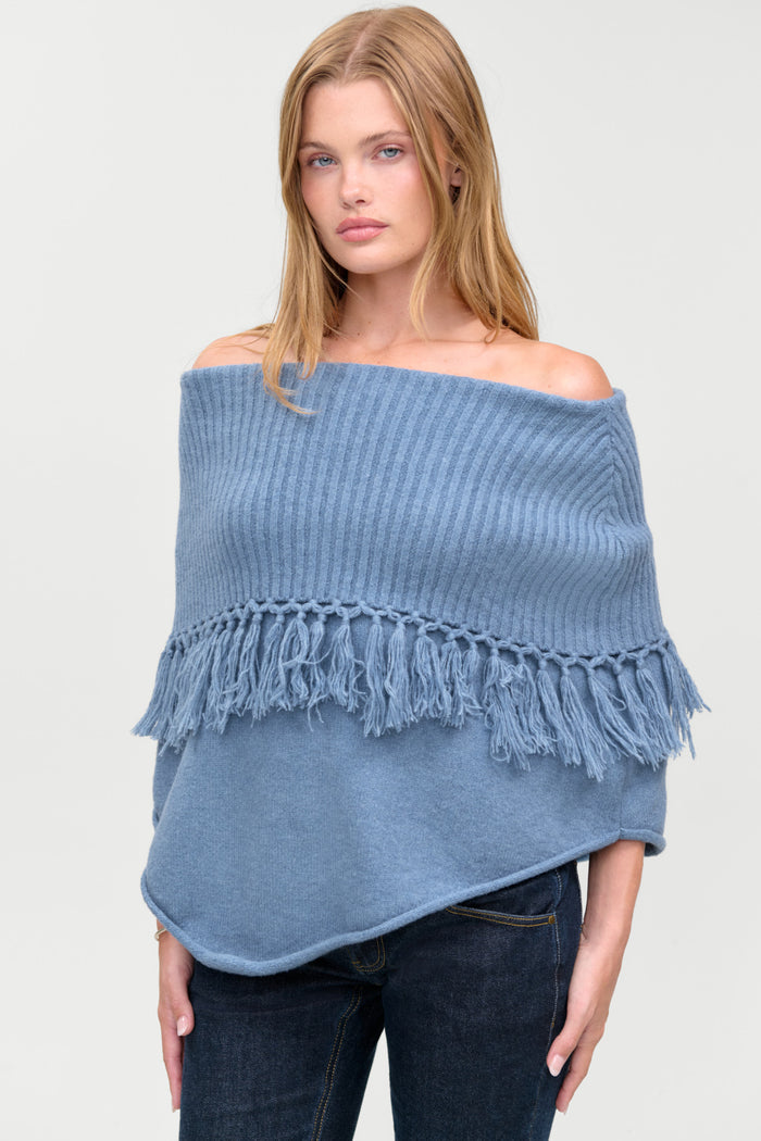 Benny Knit Fringe Poncho - Misty Mornings