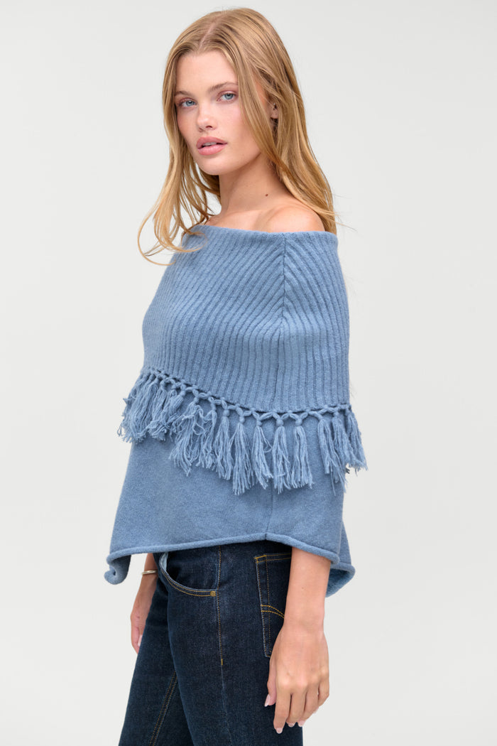 Benny Knit Fringe Poncho - Misty Mornings