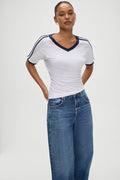 Bodega V Neck White Tee Shirt in White with Deep Navy Blue Trim