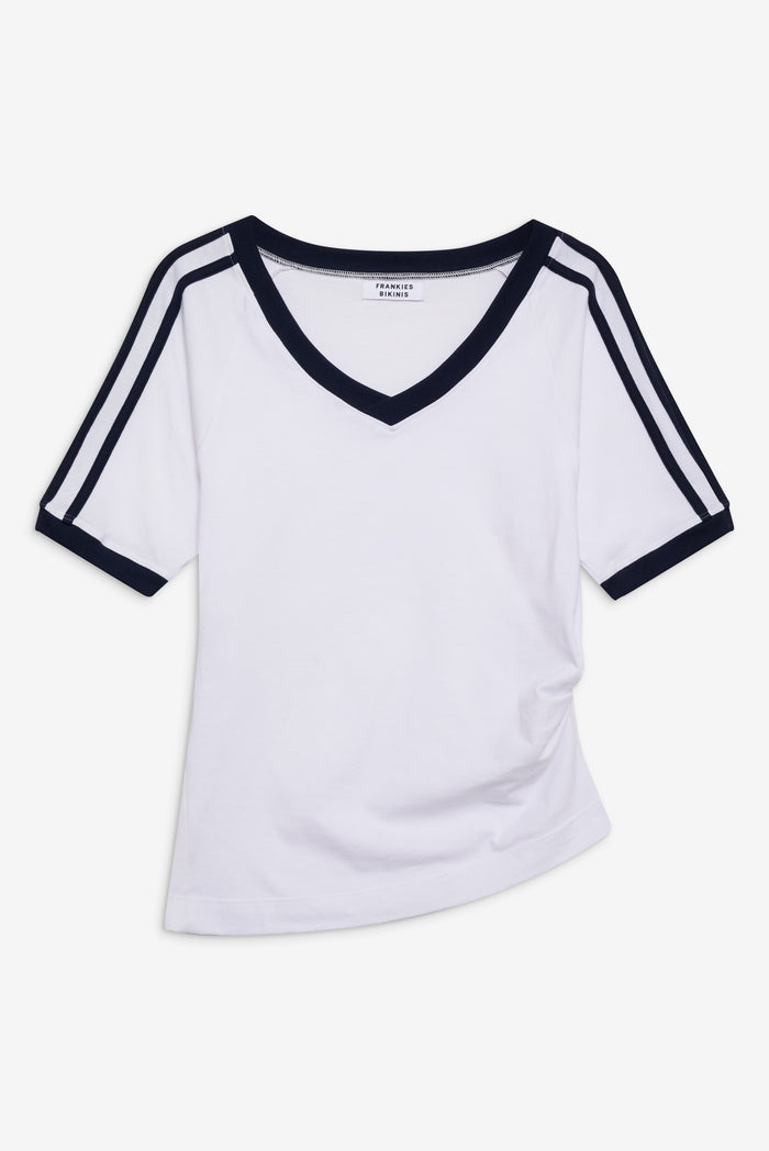 Bodega V Neck White Tee Shirt in White with Deep Navy Blue Trim