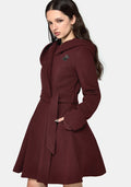 Camilla Tie Waist Hooded Coat With Bug Brooch - Burgundy