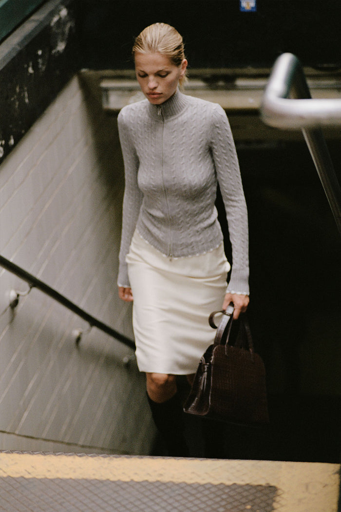 Carter cable knit two way zipper sweater grey rain cloud