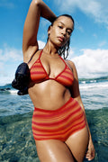 Caster Spaced Dyed Bottom Swim Short Red and Orange Stripe with Red Trim