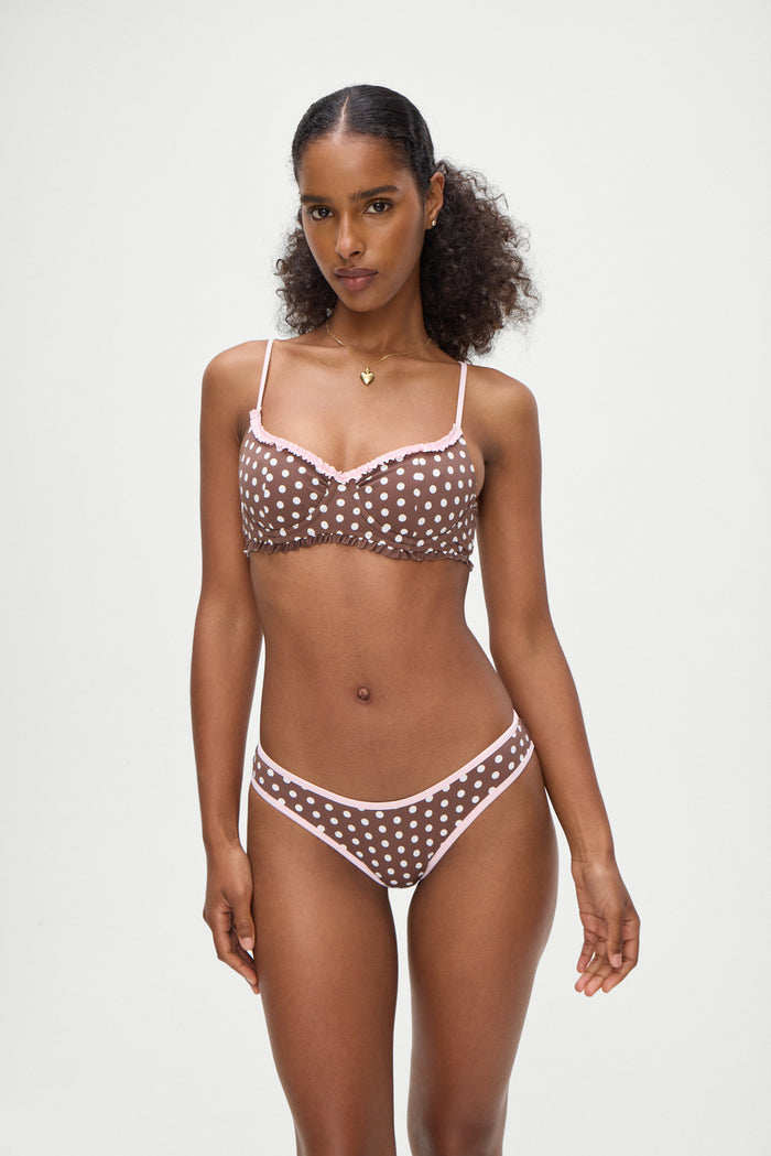 Catalina Full Coverage Bikini Bottom Cocoa Dot with Pink Trim