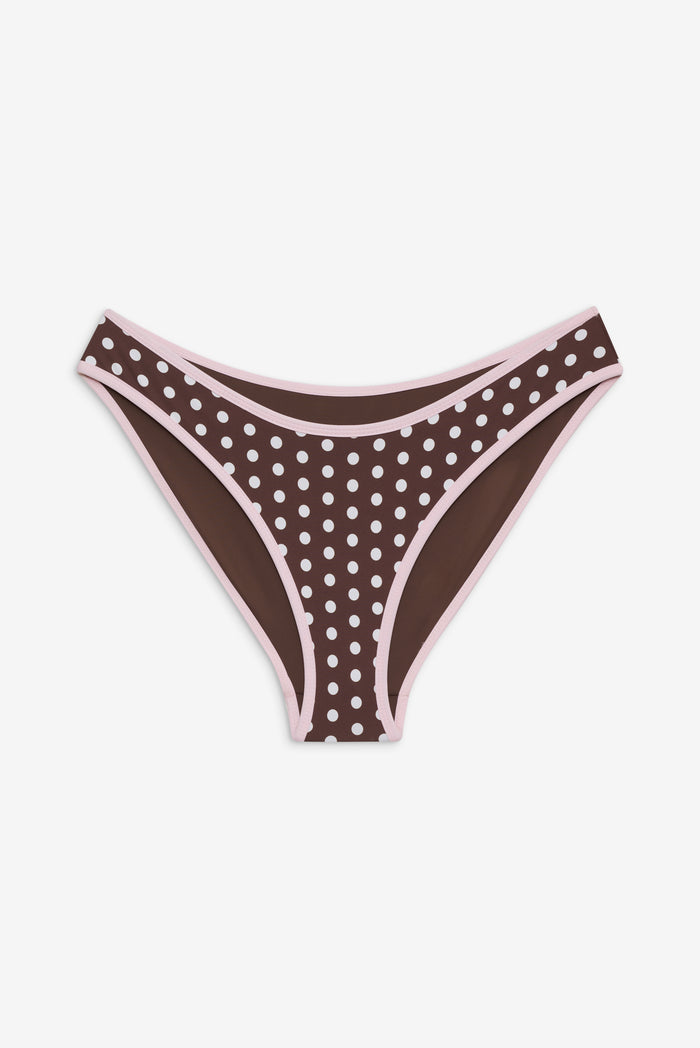 Catalina Full Coverage Bikini Bottom Cocoa Dot with Pink Trim