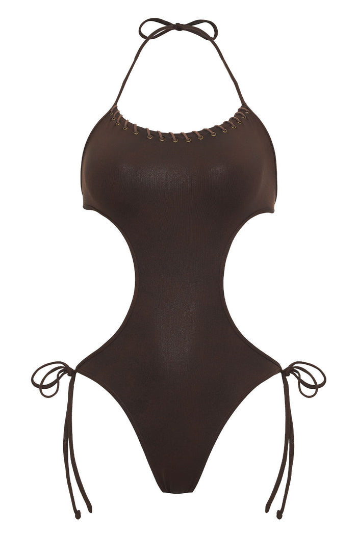 Celeste Leather Look Monokini One Piece Swimsuit Cocoa