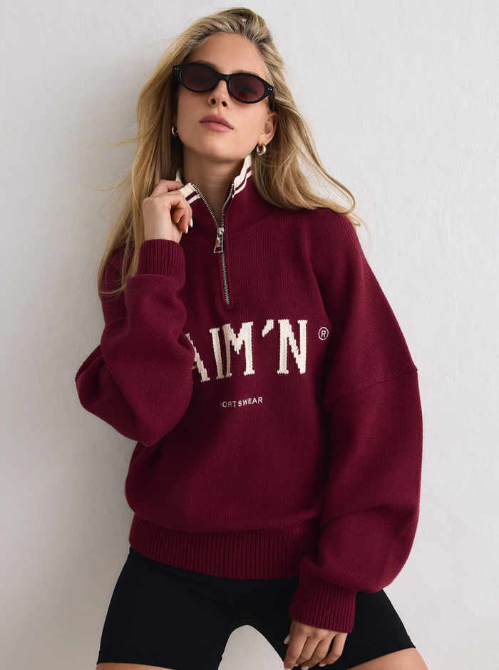 College Knitted Half Zip in Ruby