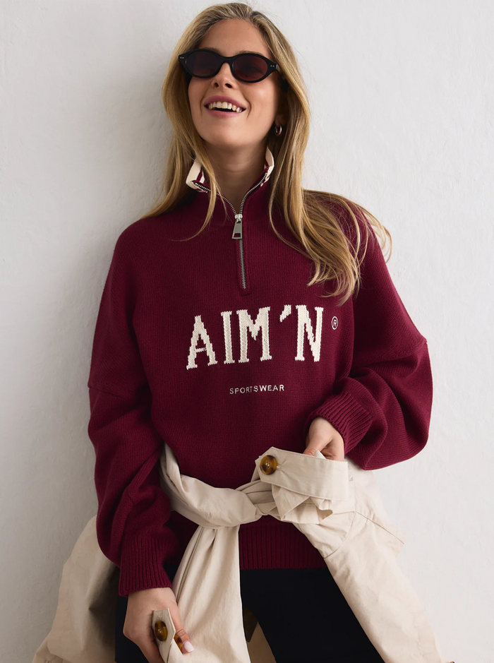 College Knitted Half Zip in Ruby