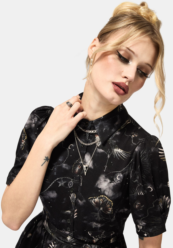 Crimson Magpie and Moth Print Midi Shirt Dress