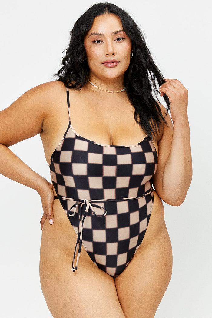 Croft Black Checker Satin Cheeky One Piece Swimsuit Extended