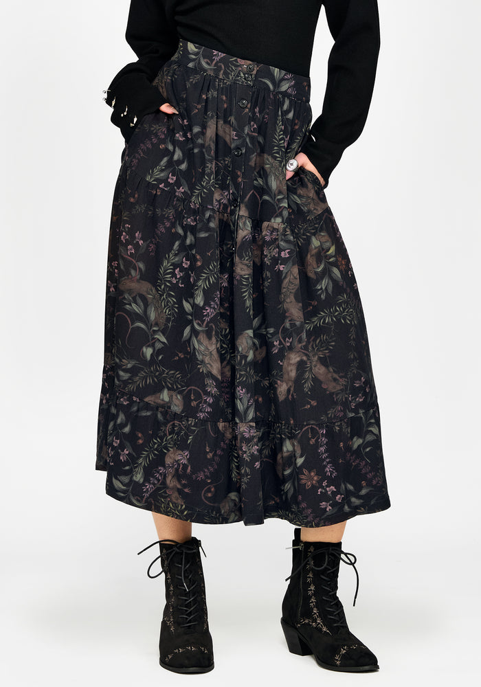 Curio Print Button Down Midi Skirt