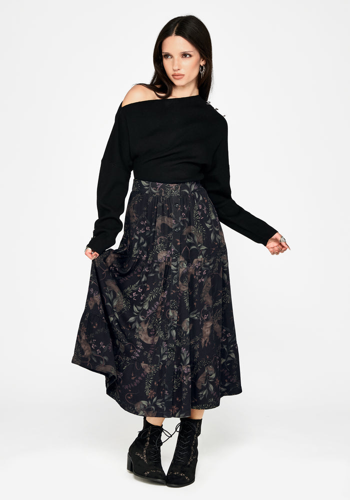 Curio Print Button Down Midi Skirt