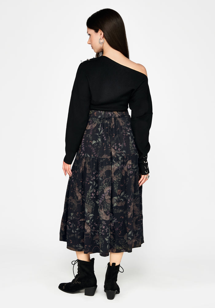 Curio Print Button Down Midi Skirt