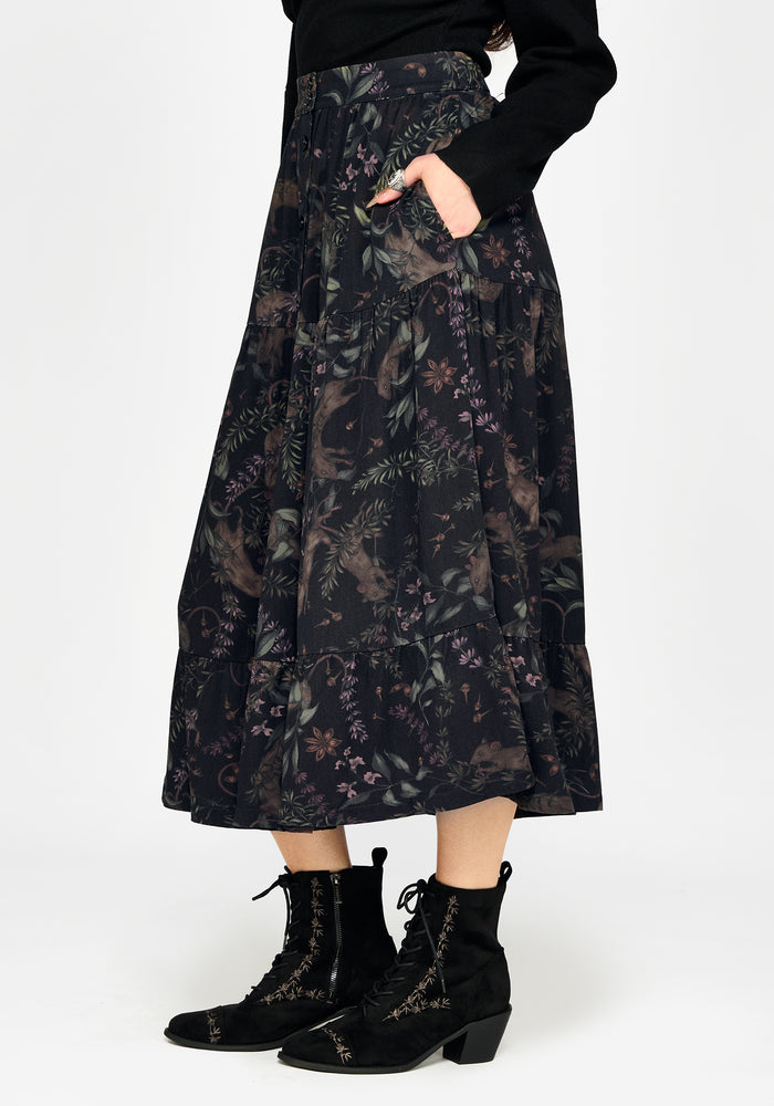 Curio Print Button Down Midi Skirt