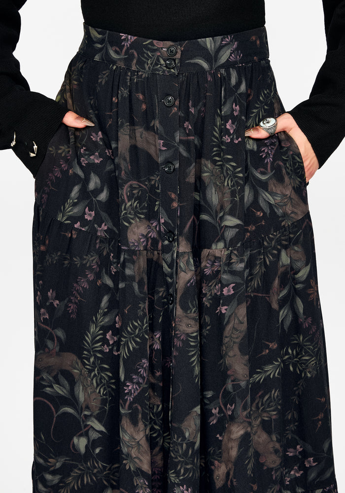 Curio Print Button Down Midi Skirt