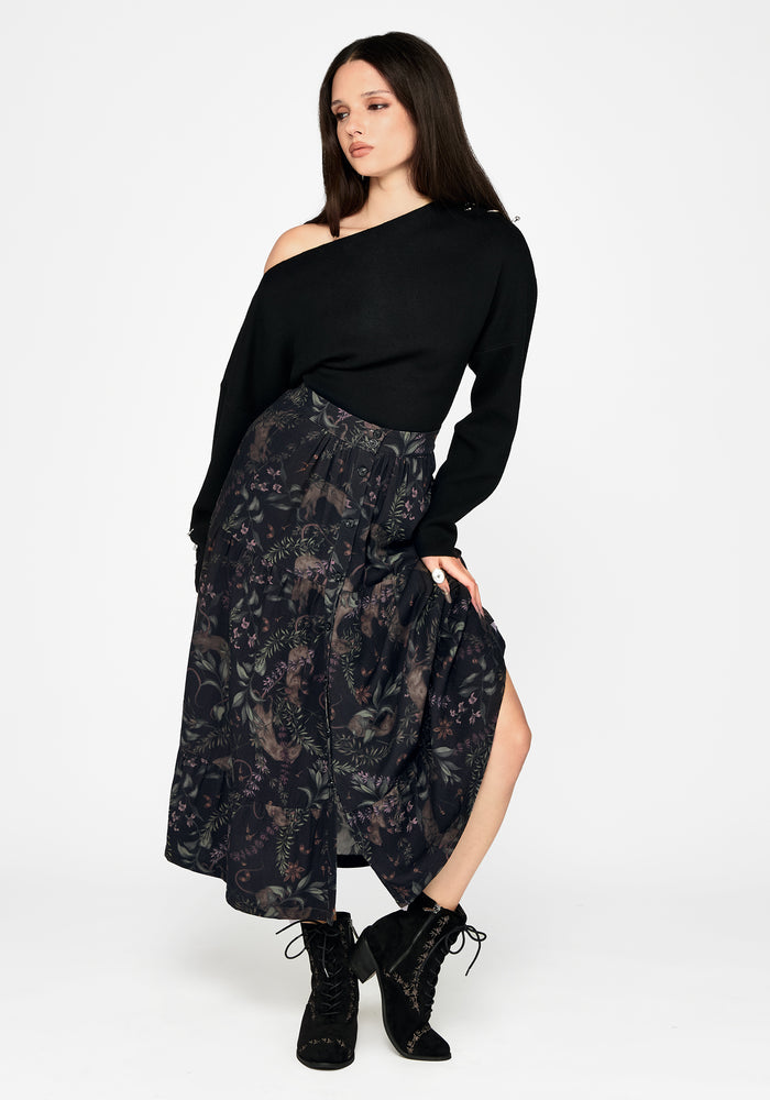 Curio Print Button Down Midi Skirt