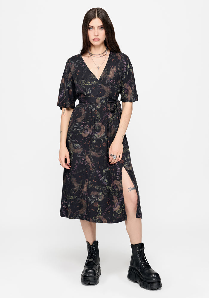 Curio Print Wrap Front Midi Dress