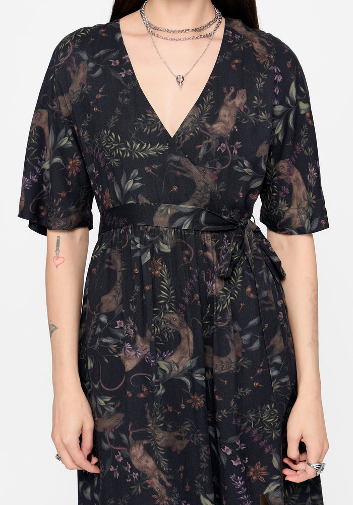 Curio Print Wrap Front Midi Dress