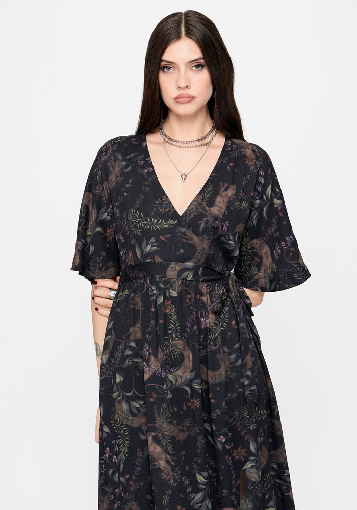 Curio Print Wrap Front Midi Dress