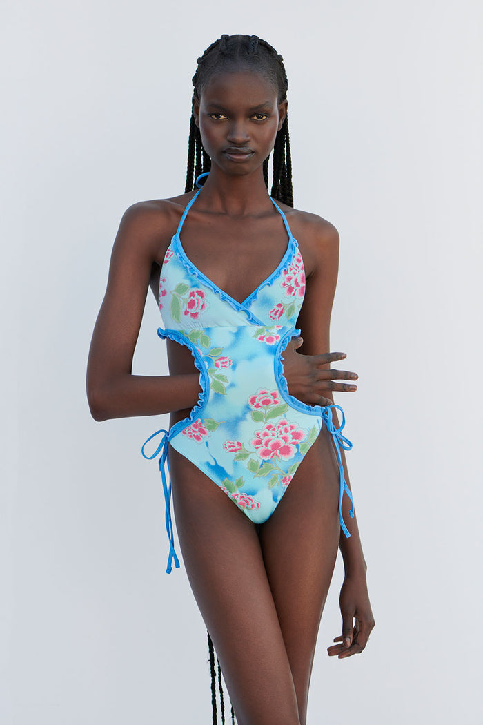 Danielle Floral Monokini One Piece Swimsuit Blue Daiquiri