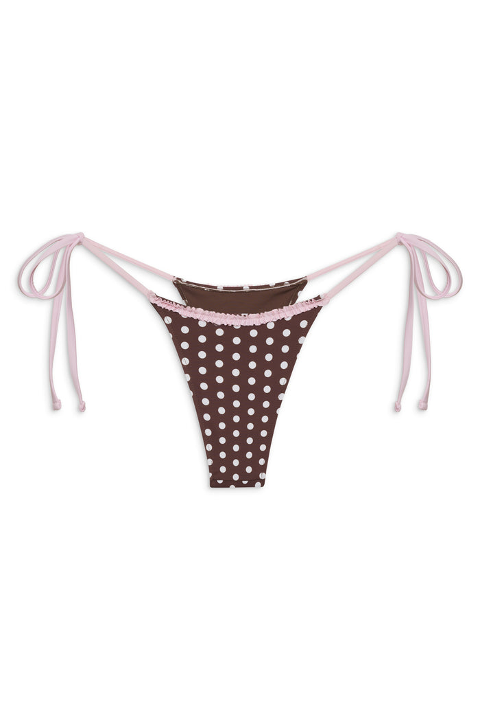 Divine Skimpy String Bikini Bottom Cocoa Dot with Pink Trim Ruffle