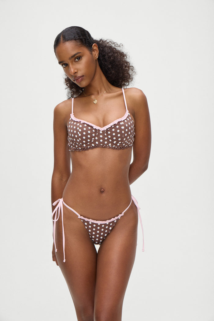 Divine Skimpy String Bikini Bottom Cocoa Dot with Pink Trim Ruffle