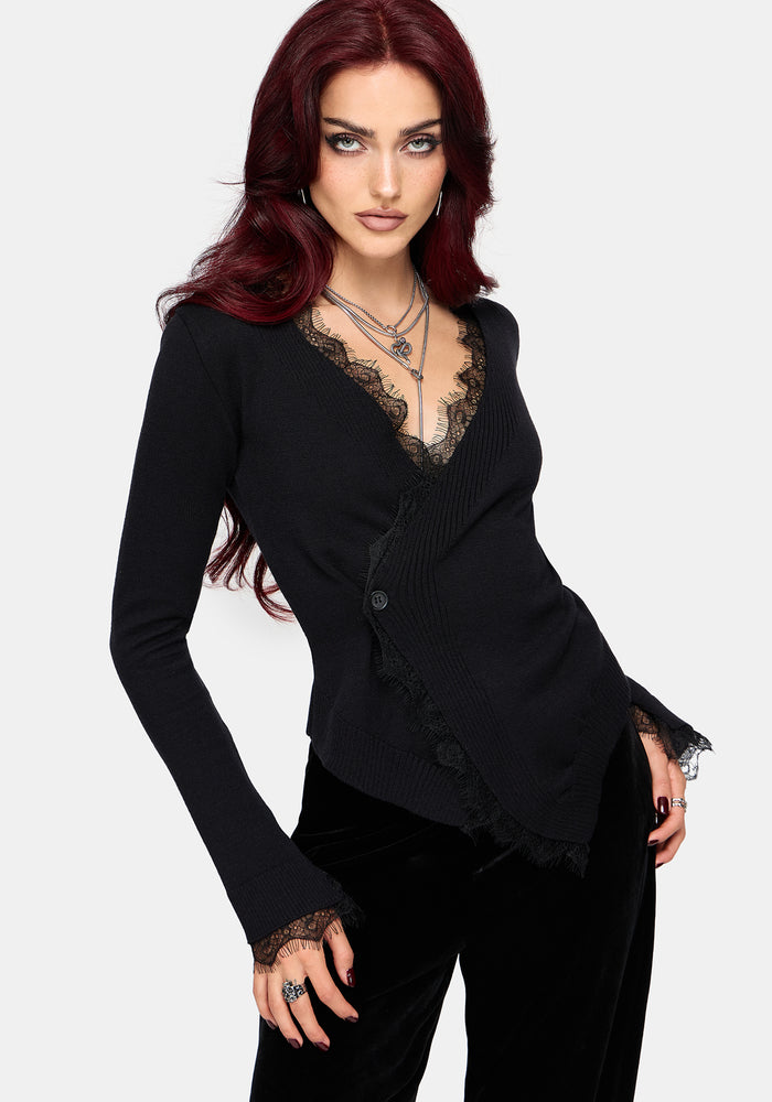 Eirla Lace Trim Wrap Over Knit Cardigan
