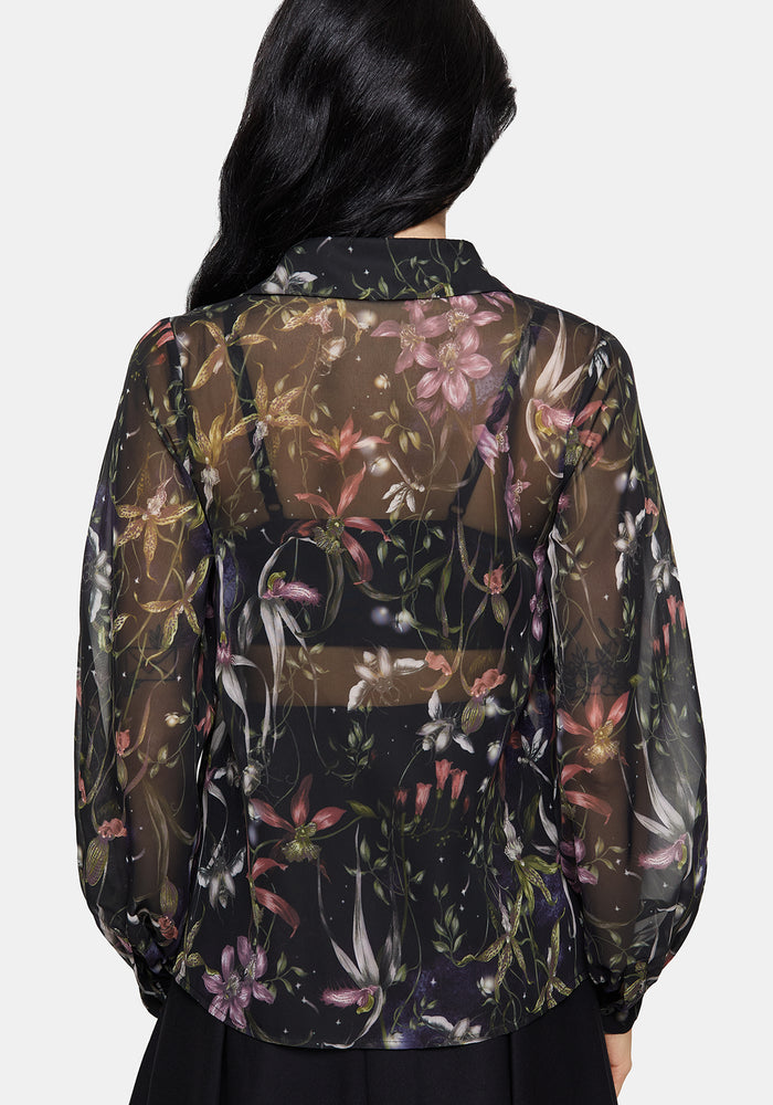 Elide Black Orchid Print Chiffon Blouse