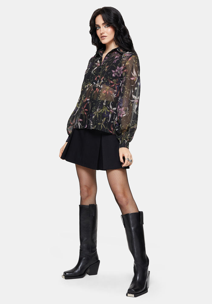 Elide Black Orchid Print Chiffon Blouse