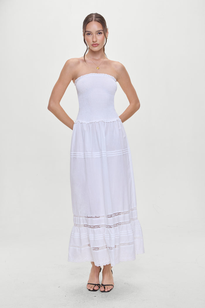 Empress Strapless Smocked Maxi Dress White