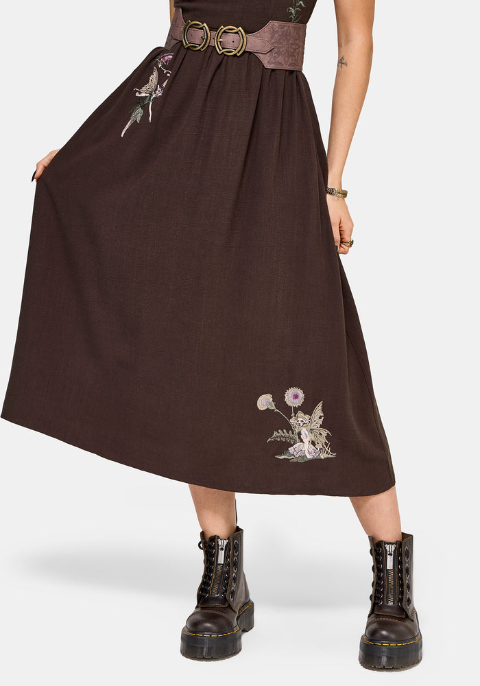 Faela Fairy Embroidered Milkmaid Ruched Midi Dress US 2