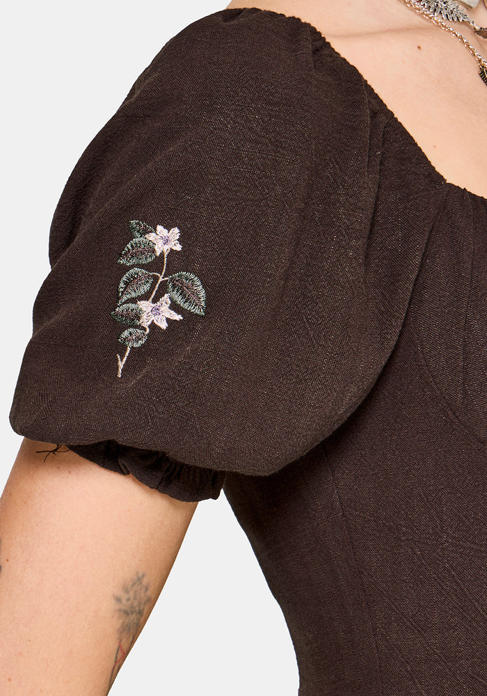 Faela Fairy Embroidered Milkmaid Ruched Midi Dress US 2