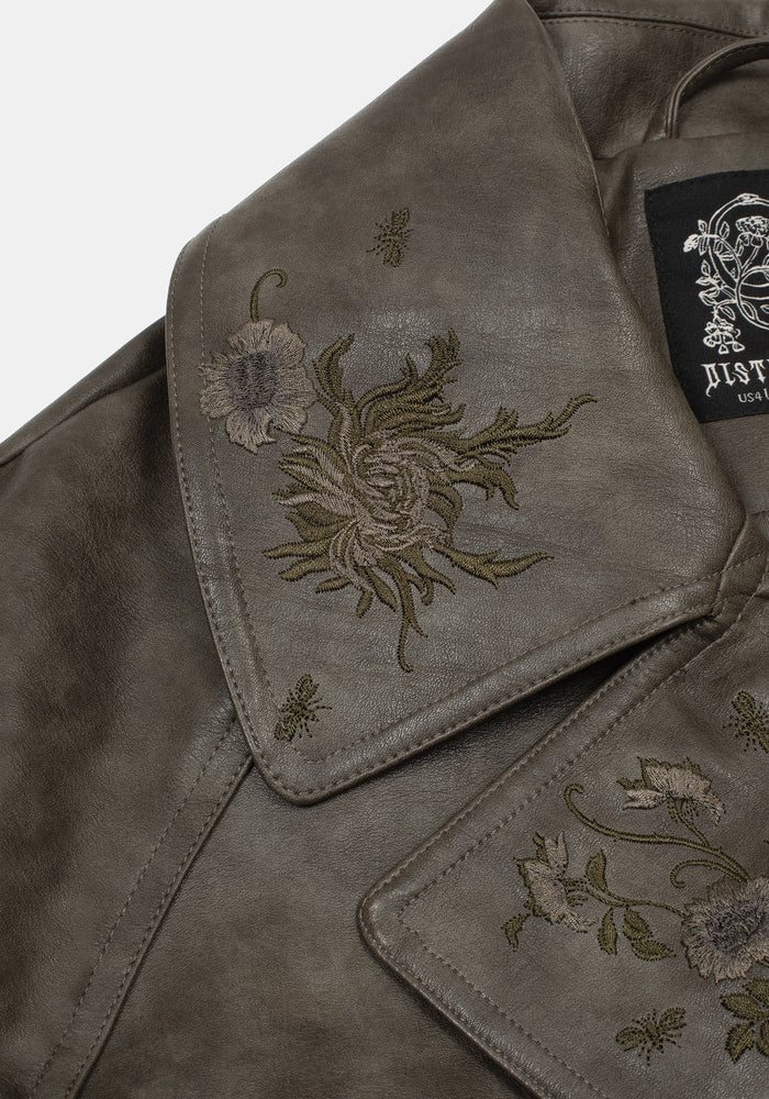 Fleux Embroidered Cropped Faux Leather Trench Jacket