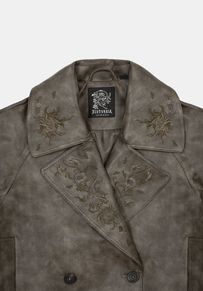 Fleux Embroidered Cropped Faux Leather Trench Jacket
