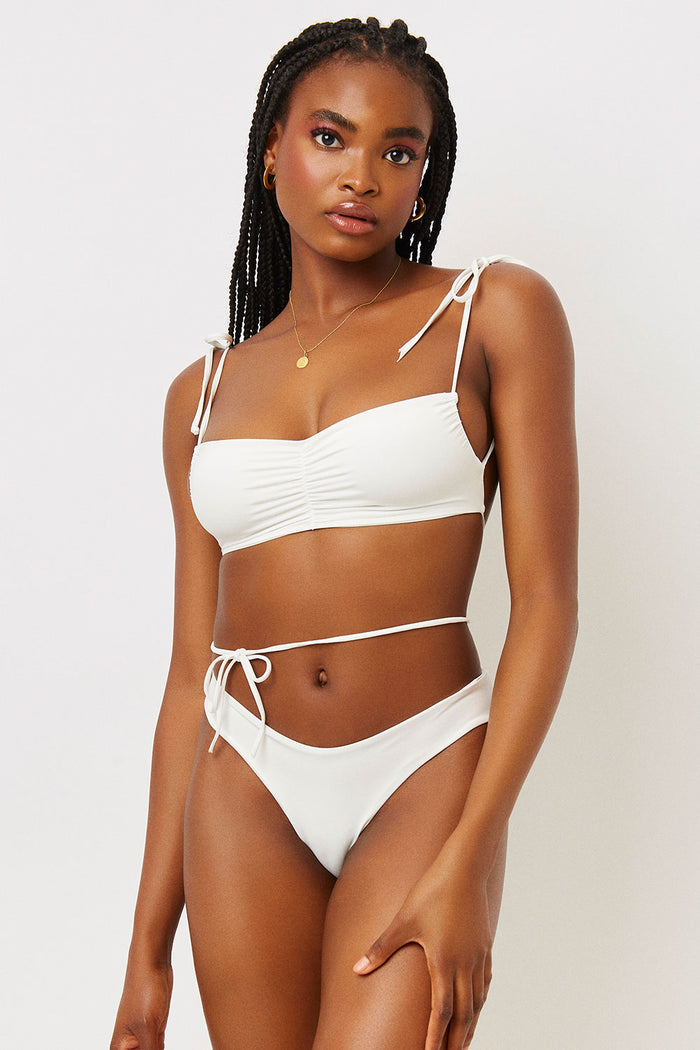 Foxy White Tie Front Ruched Cheeky Bottom