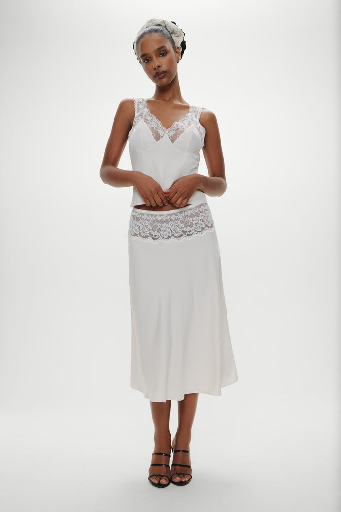 Harper Satin Lace Midi Skirt - Heaven