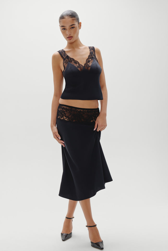 Harper Satin Midi Skirt - Black
