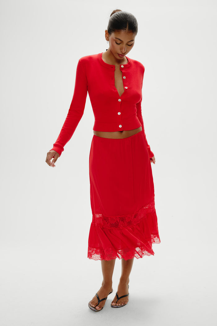 Hideaway Satin Slip Midi Skirt - Cherry