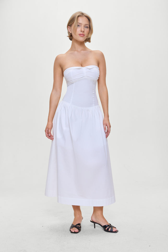 Horizon Strapless Collared Midi Dress White