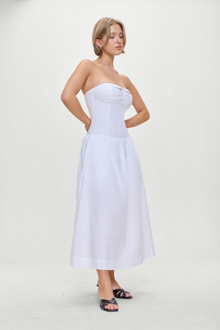 Horizon Strapless Collared Midi Dress White