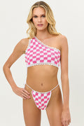 Ingrid Pink Checker One Shoulder Crochet Top