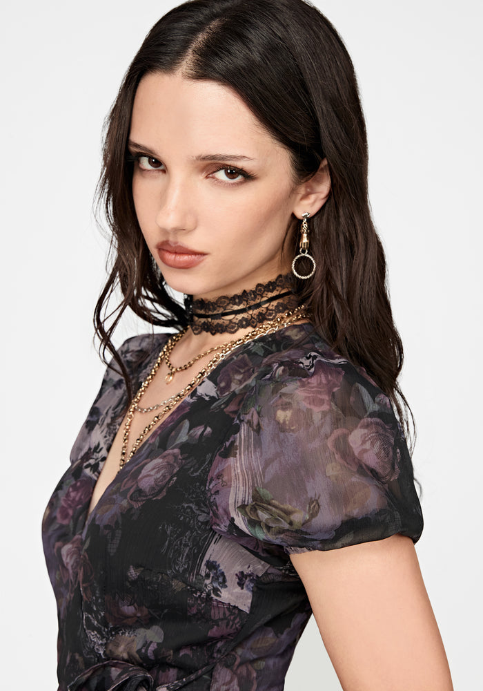 Iskra Mystic Floral Chiffon Wrap Mini Dress