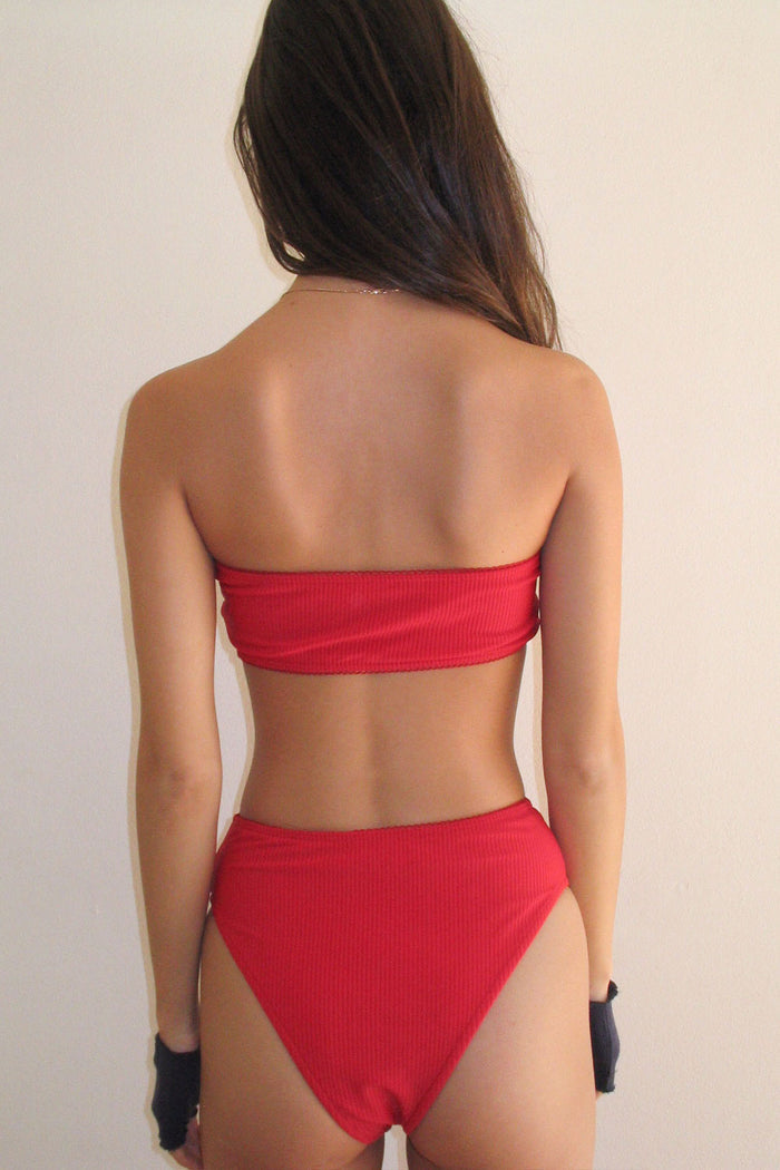 Jenna Ribbed High Waist Bikini Bottom Crimson