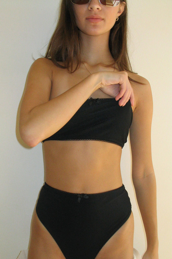 Jenna Ribbed High Waist Bikini Bottom Ebony