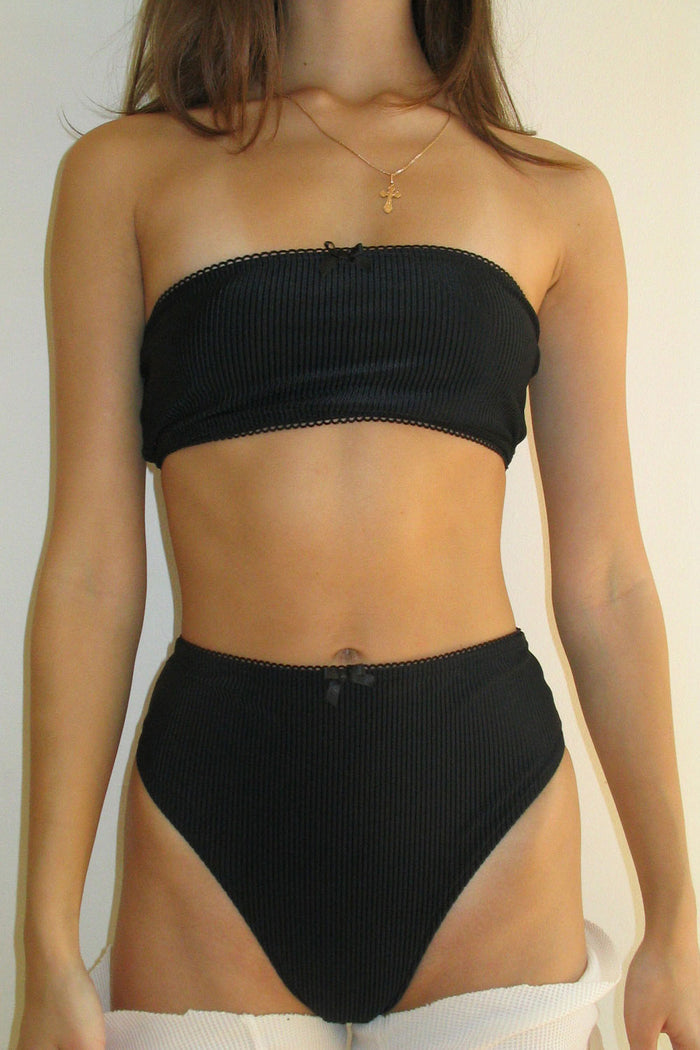 Jenna Ribbed High Waist Bikini Bottom Ebony